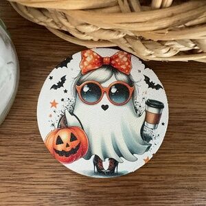 Cute Ghost Girl with fall bow coffee cup and high heels.